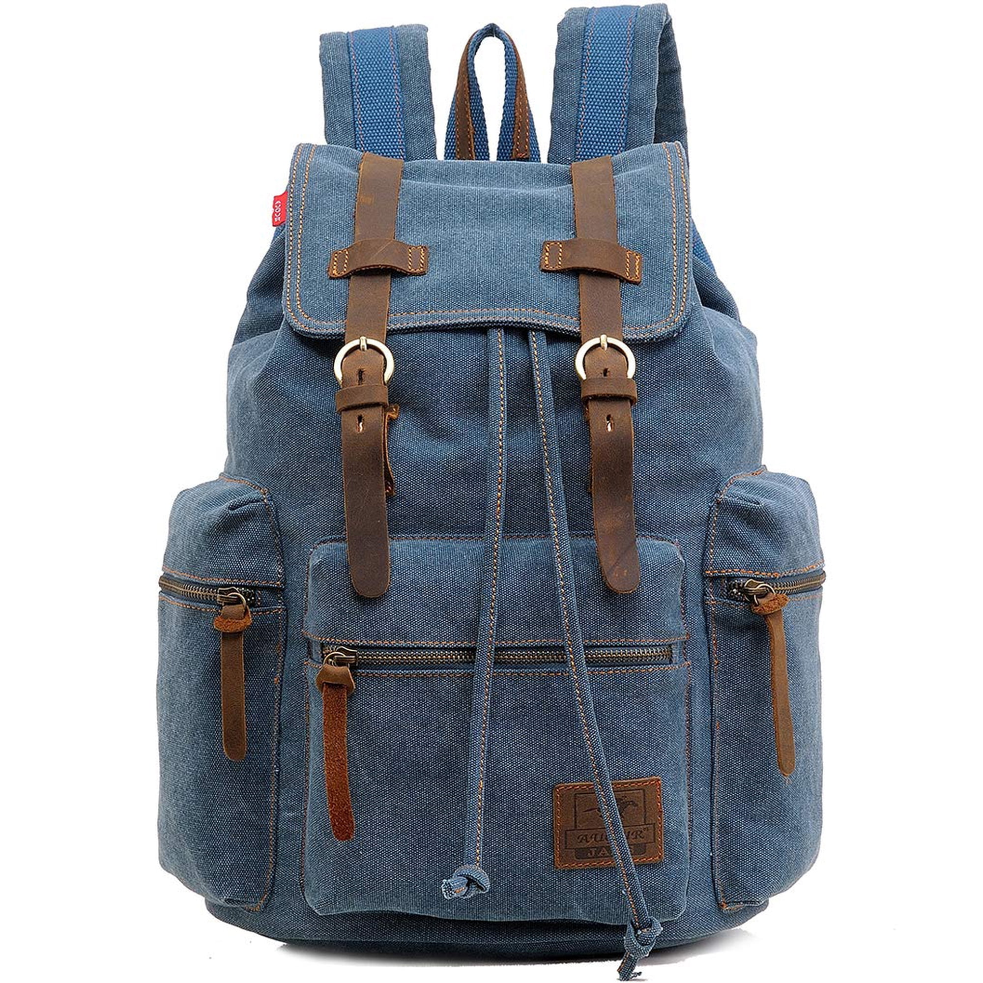 Mochila Huachen Vintage De Lona Con Detalles En Piel Azul