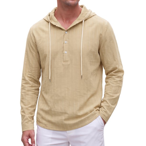 INSPIRE CHIC Camisa de Hombre con Capucha de Lino de Manga Larga con Botones a Rayas Henley con Capucha XL Caqui