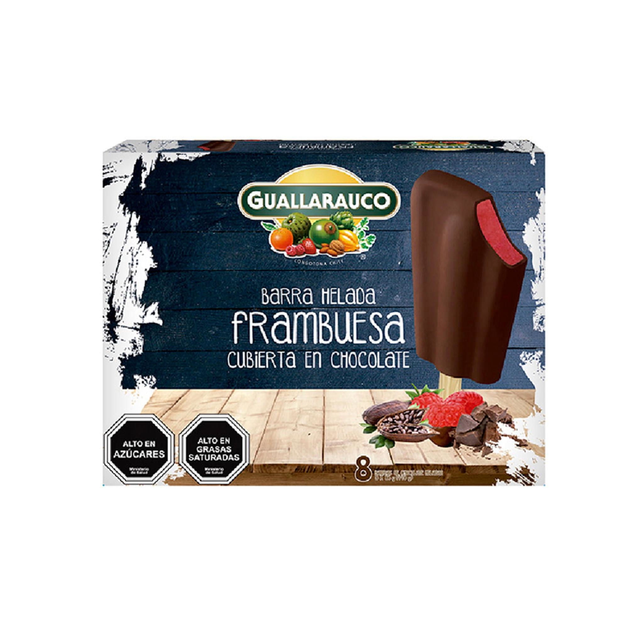 Helado Barra De Fruta Sabor Frambuesa Cubierto En Chocolate Caja Pack 8 x 55 g Guallarauco