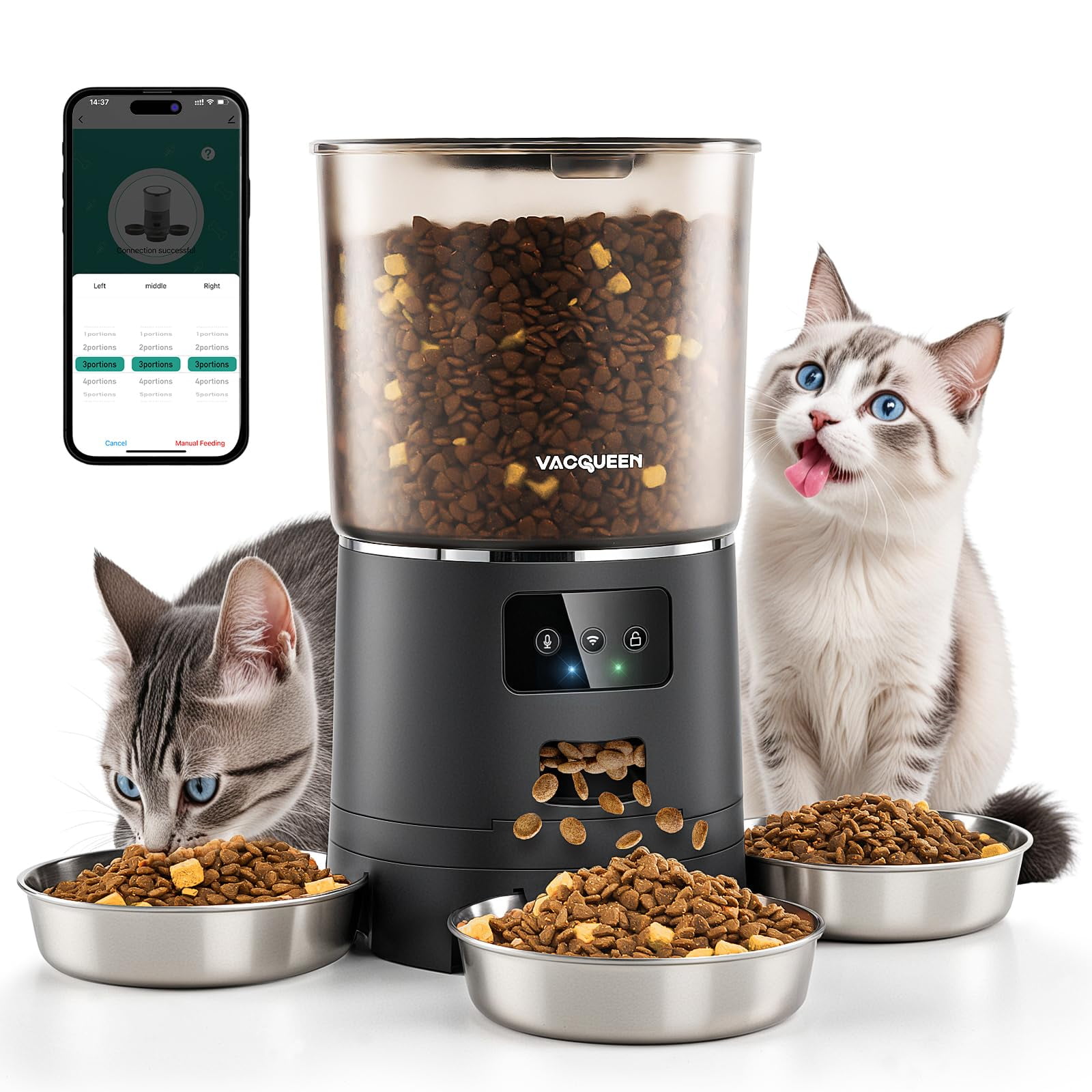 Comedero Automático Para Gatos Vacqueen Para 3 Gatos, 6 L/6000 Ml, Wifi, Negro