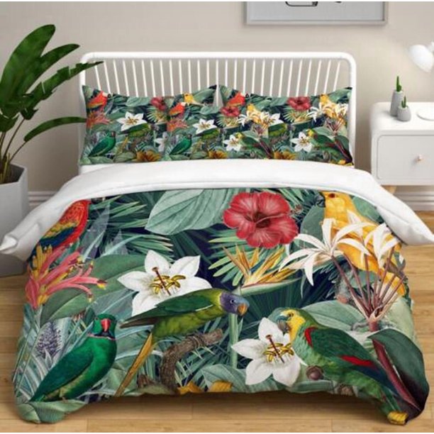 Tropical Plants Flower Parrot Quilt Duvet Cover Set Bedclothes Double3-Piece Bedding Set