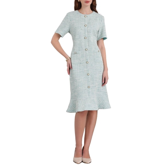 Vestido de Sirena de Manga Corta para Mujer INSPIRE CHIC 2025 Vestidos Elegantes de Trabajo de Tweed Ajustados M Cian