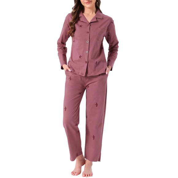 INSPIRE CHIC Pijamas de Algodón para Mujer, Conjunto de Dos Piezas de Ropa de Dormir con Bolsillos, Camisa de Manga Larga con Botones y Cuello con Muesca y Pantalones XS Rosa Empolvado