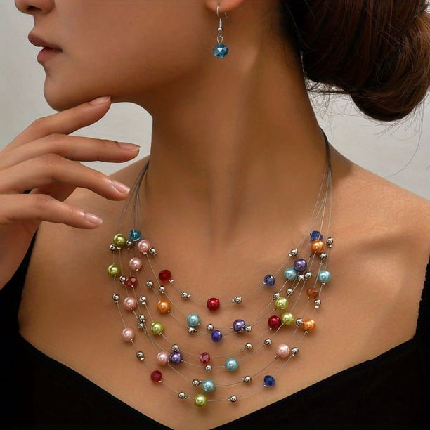 Gorgeous Multicolor Bead Necklace & Earrings Set - Perfect for Women's Style & Parties!