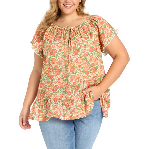 GRACE & GRANDEUR Blusas de Vacaciones de Verano con Estampado Floral para Mujer de Talla Grande, Cuello con Lazo y Mangas con Volantes 3X Naranja
