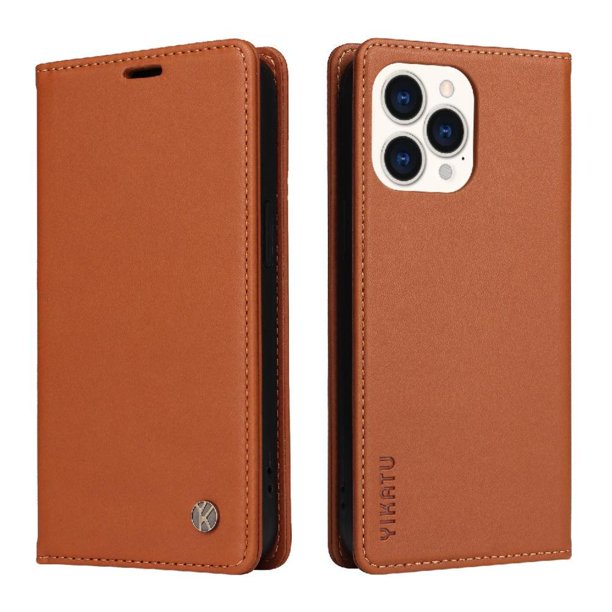 Funda Billetera de Cuero para iPhone 14 Pro Max con Tarjetero y Soporte - Tapa Magnética Marrón