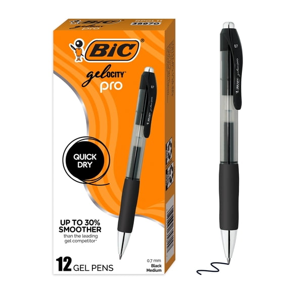 Bolígrafo de gel BIC Gelocity Pro, 0,7 mm, tinta negra de punta media, 12 unidades