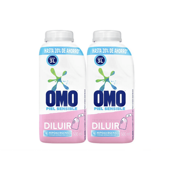 Pack x 2 Detergente Líquido Omo Piel Sensible Diluible 500 ml