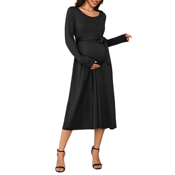 INSPIRE CHIC Vestido de Maternidad para Mujeres Manga Larga Cuello Cuadrado Tejido Midi con Cinturón Casual Otoño Invierno Vestidos de Embarazo S Negro