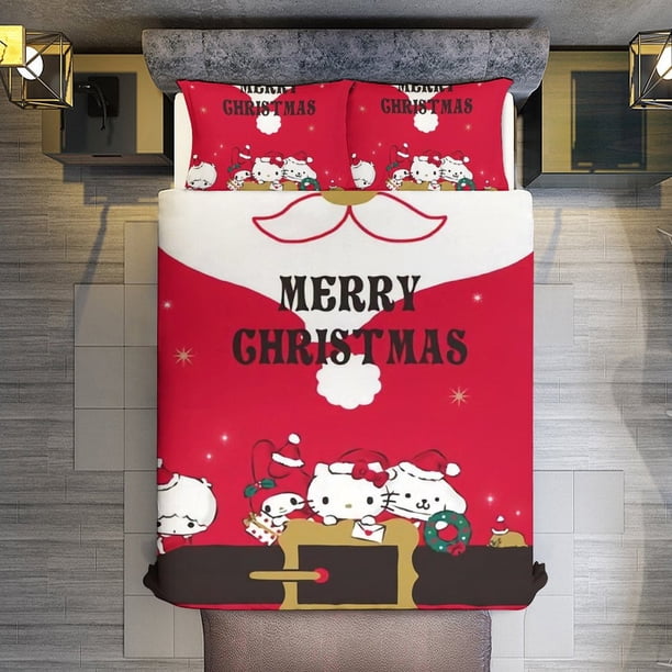Merry Christmas Hello Kitty 3 Pieces Duvet Cover Set Full Size Super Soft Fade Resistant Microfiber