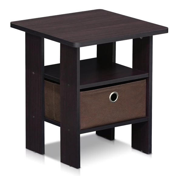 Mesa Auxiliar Furinno ANDREY con Estantes Abiertos y Caja de Tela – Nogal Oscuro
