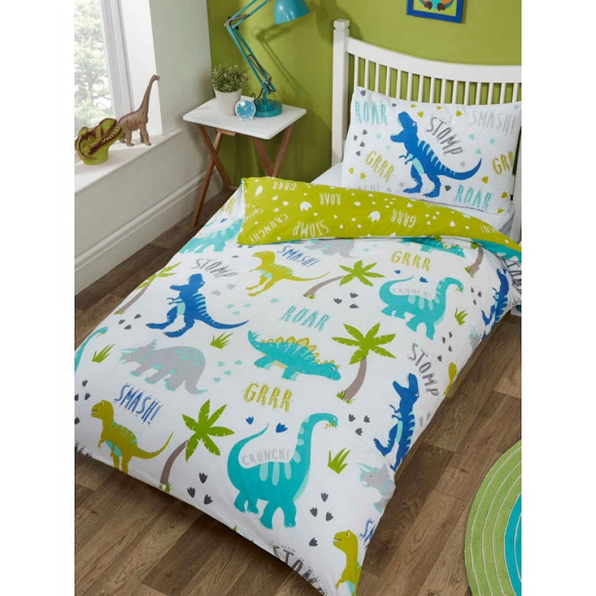 Milsleep - Roarsome Verde Lima Azul Dinosaurio Dibujos Animados Ropa De Cama Niño O Doble Funda Nórdica /