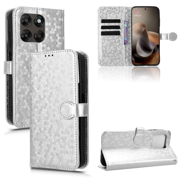 Funda Cartera Lunares Motorola Moto G77 con Tarjetero, Correa y Soporte Plata