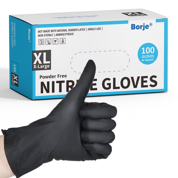 Guantes de Nitrilo Borje XL – 100 unidades, negro, sin látex y sin polvo