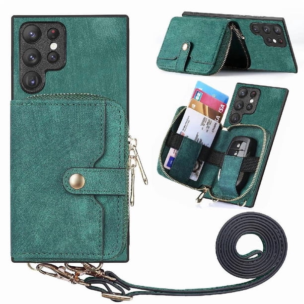 Funda Tipo Cartera con Correa Cruzada para Samsung Galaxy S23 Ultra Protección Contra Golpes Verde