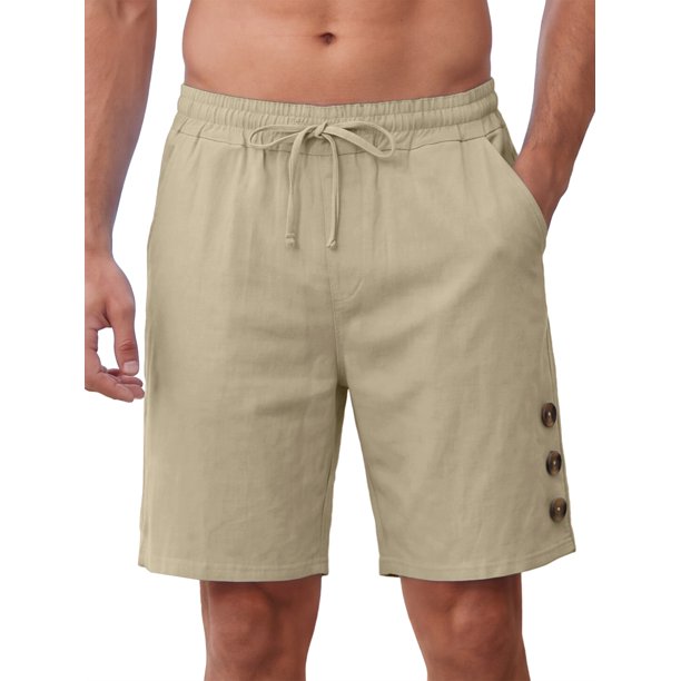 INSPIRE CHIC Pantalones Cortos de Lino Transpirables para Hombre con Cordón, Botones Decorativos, Largo hasta la Rodilla, Talla L, Beige
