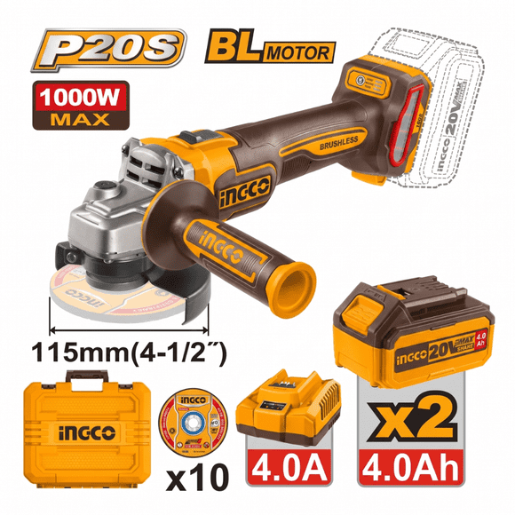 Esmeril Angular Inalambrico + 2 Bat. 4 Ah + Cargador + Maleta - INGCO