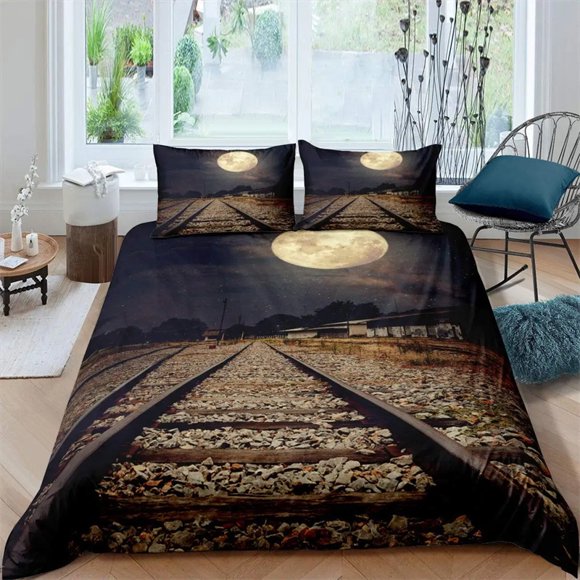 x2107 Bed SheetsRed Grey Steam Engine Duvet Cover Locomotive Red Black Train on Steel Railway Track Travel Adventure Graphic Bedroom Decoration 3-Piece Bedding Set (1 Duvet Cover + 2 Pillow Shams) nj2