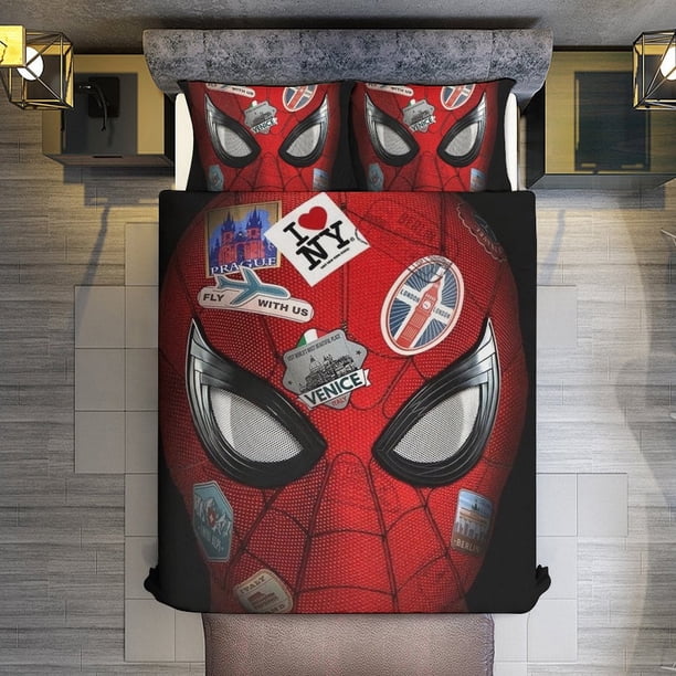 Spiderman face 3 Piece Sets Full/Queen Size - Reversible Microfiber Quilts with 2 Shams Soft Lightweight Bedspread Coverlet Comforter for All Season Bed Sheets