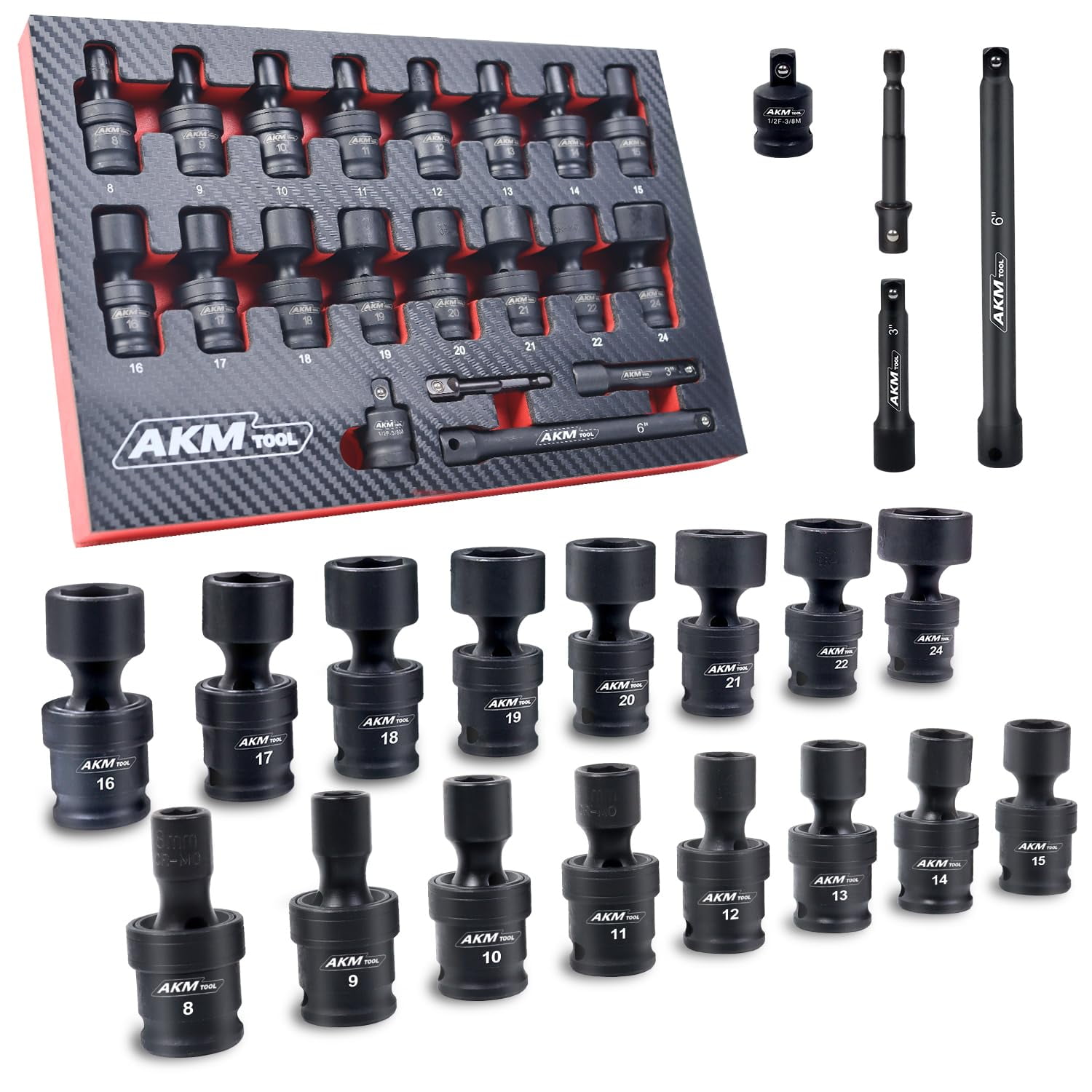 Juego De Enchufes Akm Tool 3/8 Drive Universal Impact, 20 Piezas