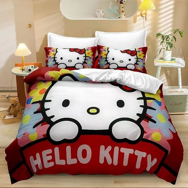HelloKitty Cute Bed Duvet Cover Funny Anime Cartoon Bedding Sets Lightweight 3 Piece Comforter Sets