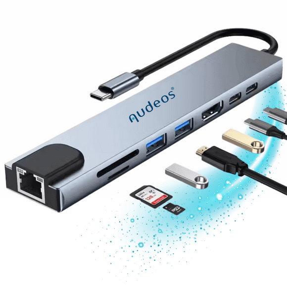 Hub Adaptador Extensor Usb C 8 En 1 Multipuerto Otg Adaptador Para Macbook Laptop Notebook Y Celulares Con Hdmi 4k Y Carga Rápida Plateado Audeos