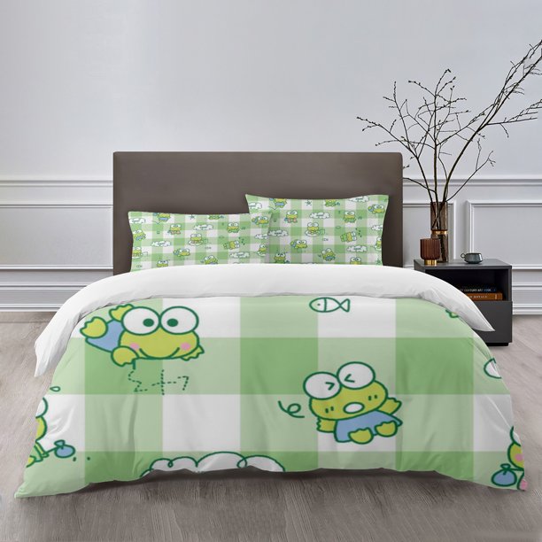 Kero Kero Keroppi Bedding Sets Bed Cartoon Duvet Cover Lightweight 3 Piece Bet Sets for Kids Boys Girls