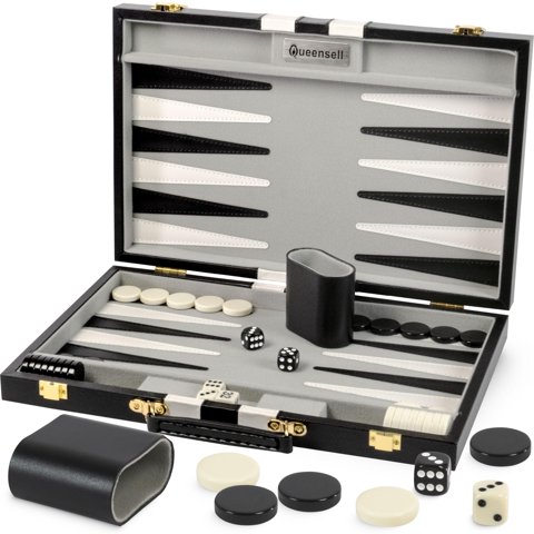 Set De Backgammon Queensell De Piel Sintética Negra De 38 X 24 Cm Con Accesorios