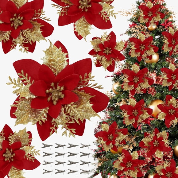 16 flores artificiales de poinsettia para Navidad, 16 piezas
