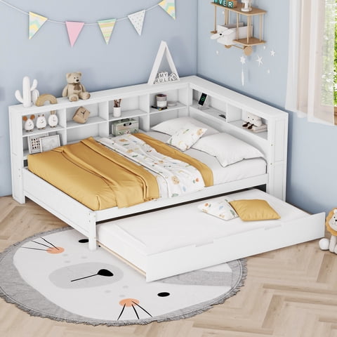 M&Ms - Wooden Full Size Daybed With Twin Size Trundle, Daybed With Storage Shelf And Usb Charging Ports,White(Old Sku Hl000075Aak )