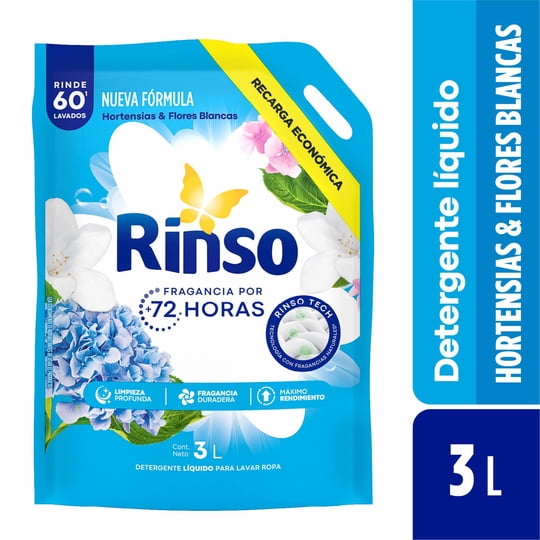 Detergente Líquido Hortensias Y Flores Blancas Doypack 3 L Rinso