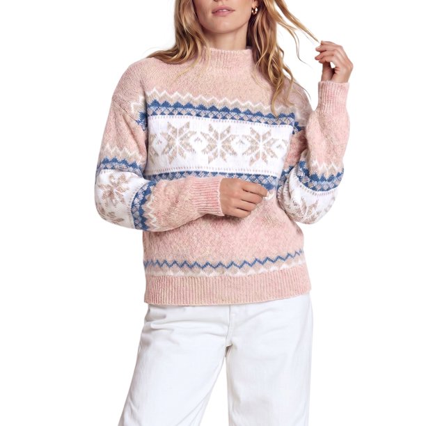 INSPIRE CHIC Suéter de Punto de Chenilla con Copo de Nieve para Mujer Cuello Simulado Ajuste Suelto Mangas Largas Grande Rosa