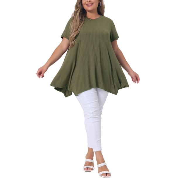 Agnes Orinda Mujeres Tallas Grandes Escuela Universidad Túnica Tops Verano Cuello Redondo Flowy Swing Suelto Manga Corta Camiseta de Punto Tops Blusa Casual 4X Verde Militar