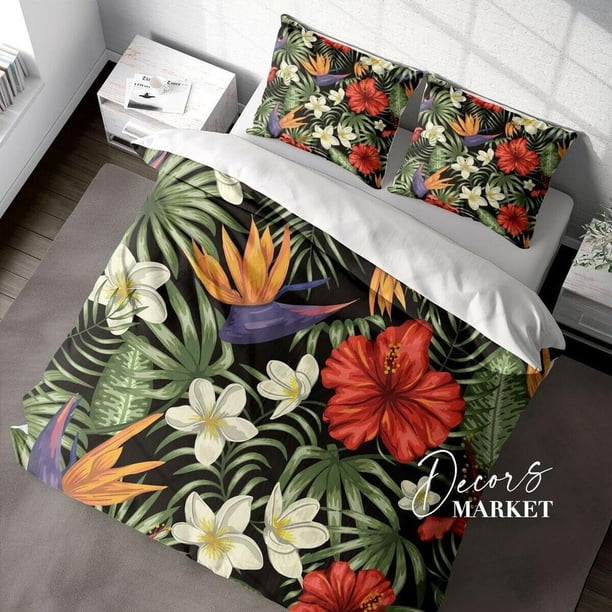 Tropical Flowers Floral Patterns Green Quilt Duvet Cover Set Kids Bedspread3-Piece Bedding Set
