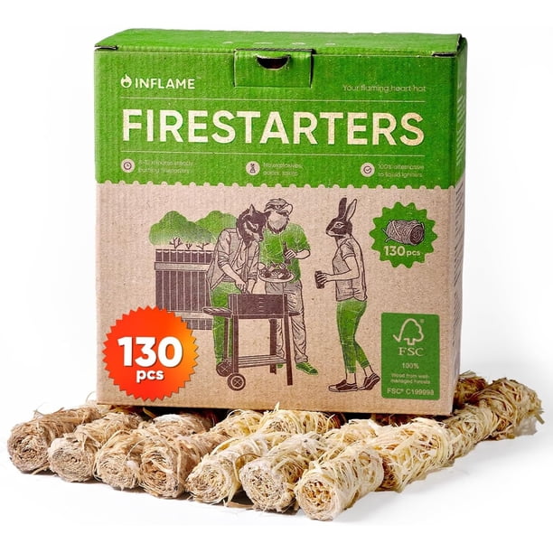 Inflame Iniciadores de Fuego 130 piezas - Iniciadores para Fogatas, Carbón, Parrilla, BBQ, Chimenea, Estufa de Leña - Impermeables y Resistentes al Clima - Iniciadores Naturales de Madera