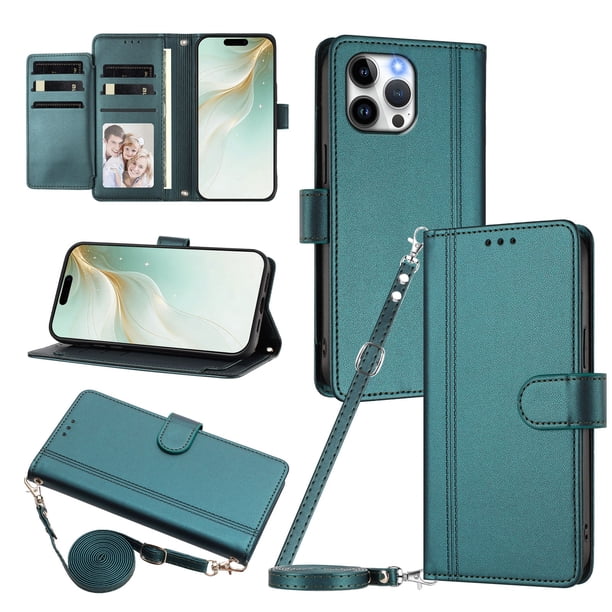 Funda Tipo Libro para iPhone 13 Pro Max con Ranuras para Tarjetas, Verde Oscuro