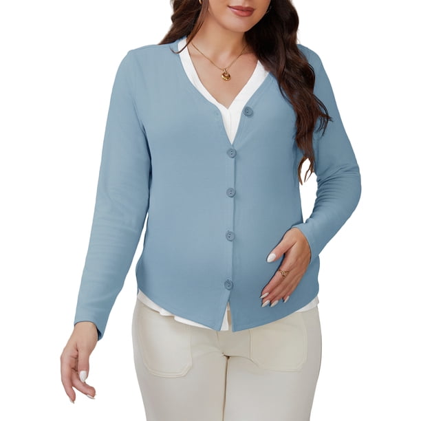 INSPIRE CHIC Camisas de Maternidad para Mujeres con Botones Ropa de Embarazo Manga Larga Cuello en V Falso 2 Piezas Tops de Lactancia S Azul