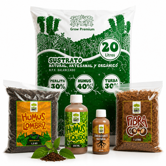 Grow Sweet - Pack Jardín Premium Humus Sólido Humus Líquido Sustrato 20l Y Fibra De Coco
