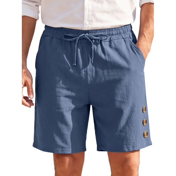 INSPIRE CHIC Pantalones Cortos de Lino Transpirables para Hombre con Cordón, Botones Decorativos, Largo hasta la Rodilla, Talla L, Azul Marino