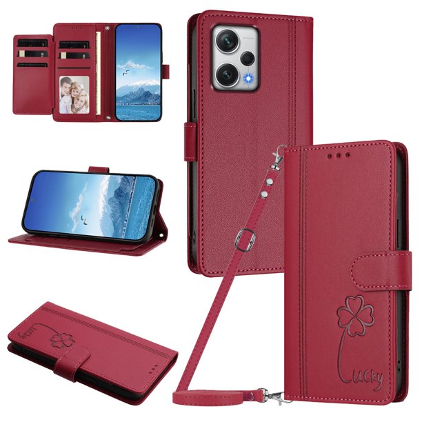 Funda Cartera Trébol para Xiaomi Redmi Note 12 Pro Plus 5G con Ranuras Tarjetas y Carga Inalámbrica Rojo