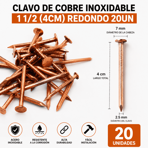 Clavo De Cobre Inoxidable 1 1/2 (4cm) Redondo 20un