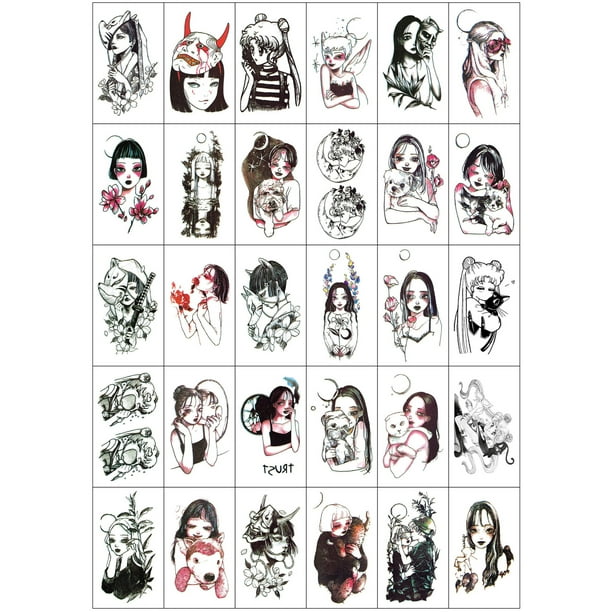 Dark Girl Style Anime Tattoo Stickers, Embroidered Totem Waterproof Long Lasting Temporary Tattoo , Japanese Style Pattern Fake Tattoos ( 30 Sheets )