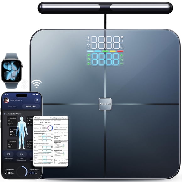Báscula inteligente Amzmerit de 8 electrodos para peso corporal, color gris oscuro