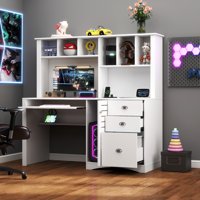 M&Ms - Home Office Computer Desk With Hutch, Antiqued White Finish