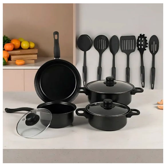 Ollas Antiadherente Juego de Ollas + Utensilios 13 Pcs Color Negro