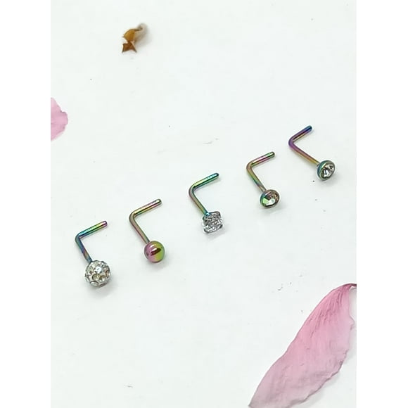 Set 5 Piercing Multicolor Acero Nariz Zirconia Nostril Tipo L