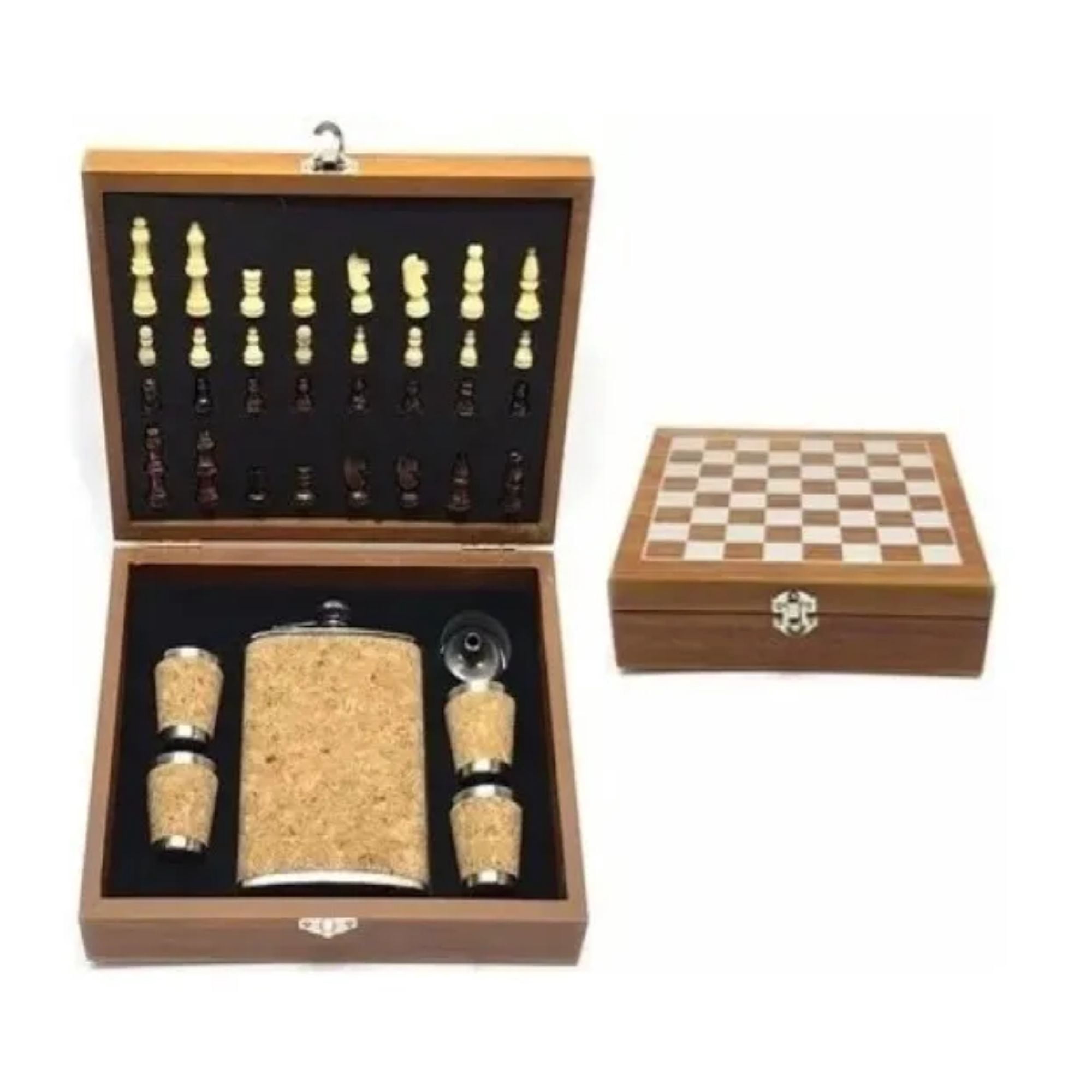 Genérica - Juego Ajedrez Portátil De Madera Con Botella Y Vasos Metal