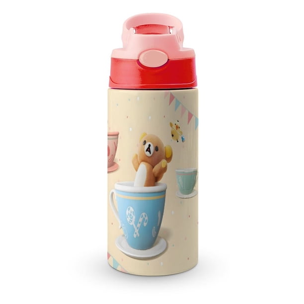 La Aventura en el Parque Temático de RilakkumaBotella de Agua con Tapa Pop Top de Un Toque, Acero Inoxidable, a Prueba de Fugas, para Deportes, Botella Infantil rosa 12 oz