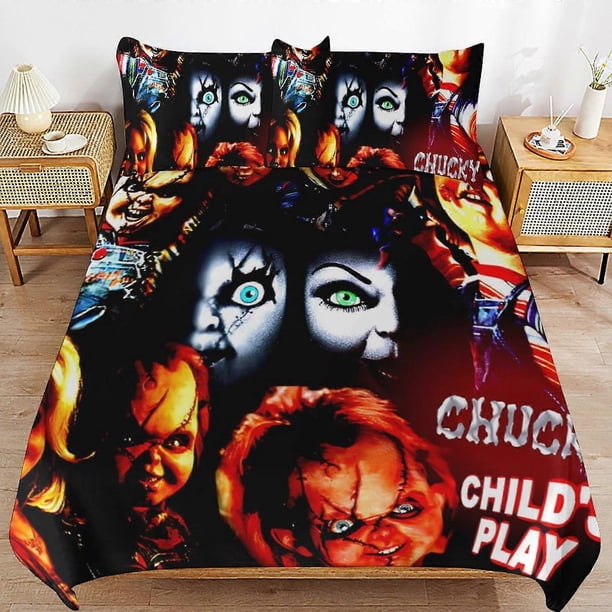 Juego de ropa de cama de la novia de Chucky, funda nórdica, ropa de cama de dibujos animados cómoda y ligera, 3 piezas (funda).