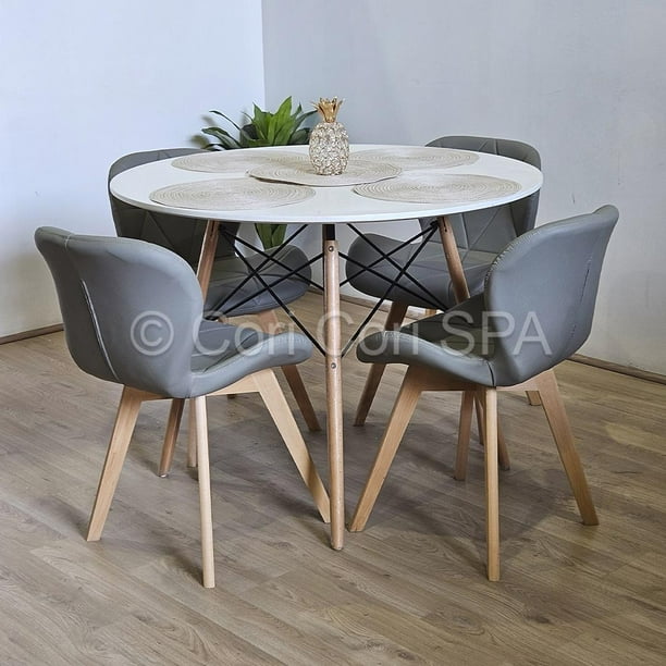 Comedor Mesa blanca 100cms + 4 Sillas Mariposa Wood Gris